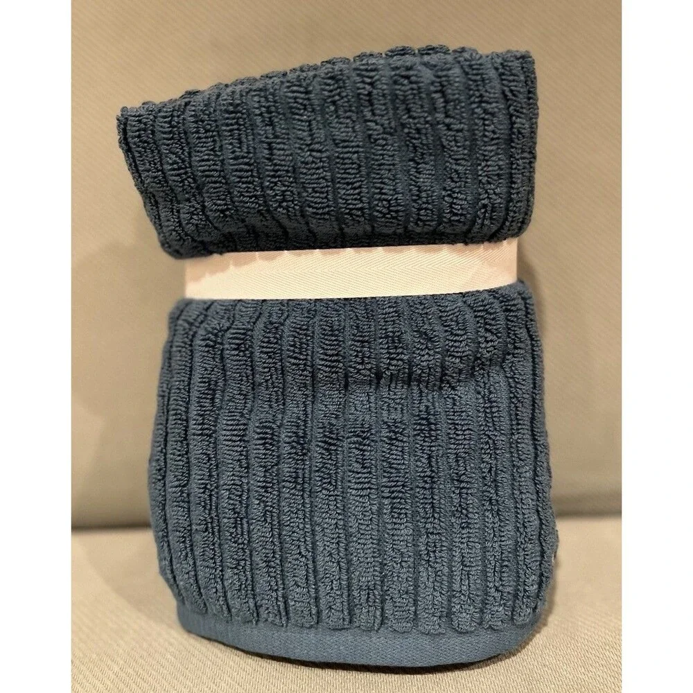 Rachel Zoe Hand Towels 2 Piece Midnight Blue Stripe & Solid Blue Cotton New